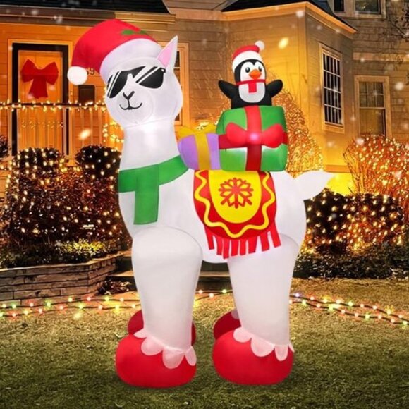 ⚡5FT Christmas Inflatables Alpaca Penguin with Gift Box Outdoor Decorations - Picture 1 of 6